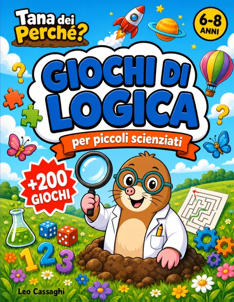 Copertina di Giochi di logica per piccoli scienziati, 6-8 anni: Zolla la talpa con la lente in un prato fiorito