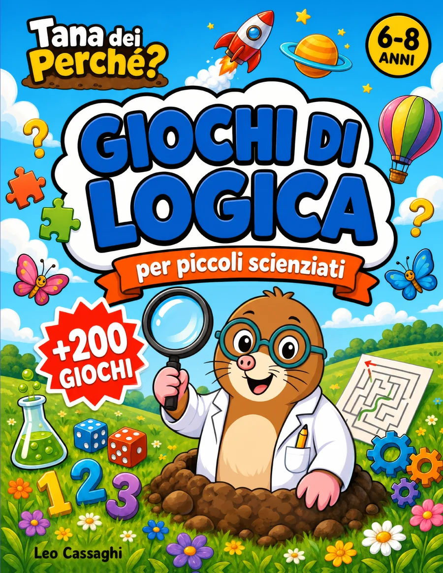 Copertina di Giochi di logica per piccoli scienziati, 6-8 anni: Zolla la talpa con la lente in un prato fiorito