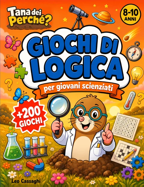 Copertina di Giochi di logica per giovani scienziati, 8-10 anni: Zolla la talpa con la lente in un prato al tramonto
