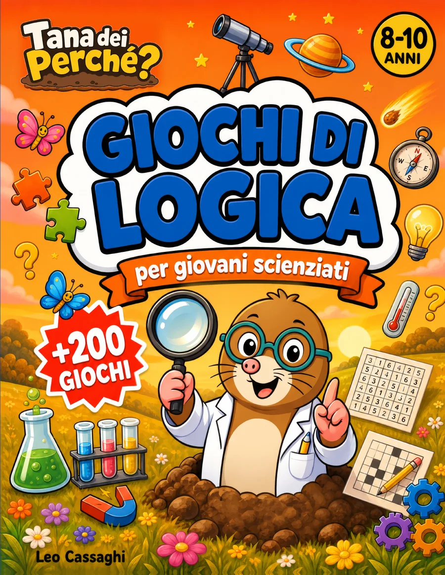 Copertina di Giochi di logica per giovani scienziati, 8-10 anni: Zolla la talpa con la lente in un prato al tramonto