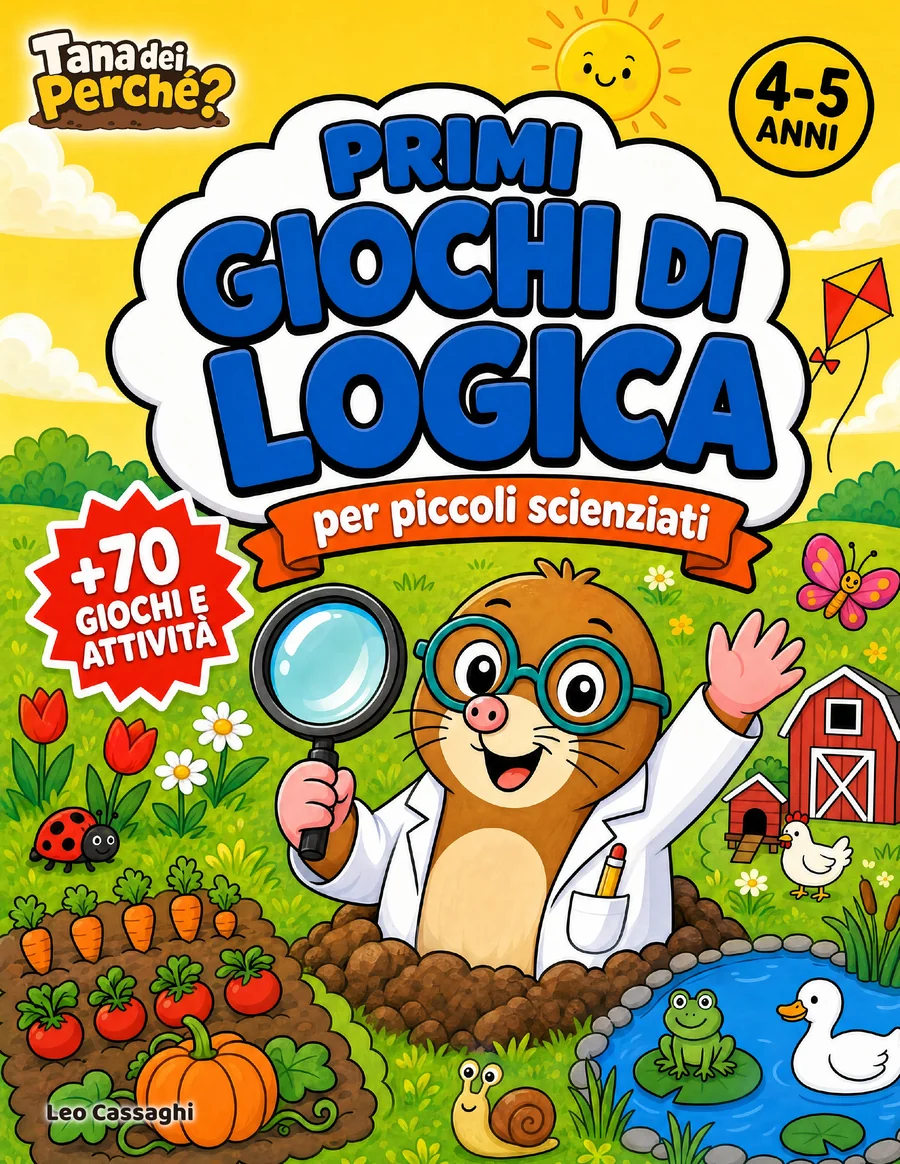 Copertina di Primi giochi di logica per piccoli scienziati, 4-5 anni: Zolla la talpa con la lente nel giardino, tra l'orto, la fattoria e lo stagno