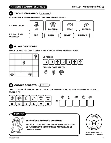 Pagina 11 del libro Giochi di logica per piccoli scienziati: Intruso, coding e codice segreto. Con il riquadro «Perché le api vanno sui fiori?».