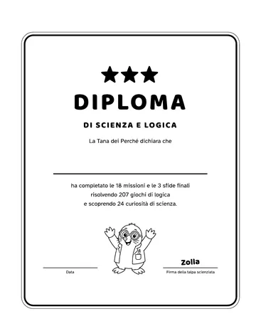 Pagina 117 del libro Giochi di logica per piccoli scienziati: Il diploma. Il diploma di scienza e logica da compilare alla fine del libro.