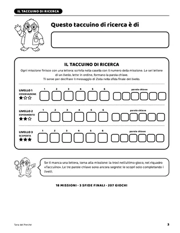 Pagina 3 del libro Giochi di logica per giovani scienziati: Il taccuino di ricerca. Una lettera per ogni missione e una parola chiave per ogni livello.