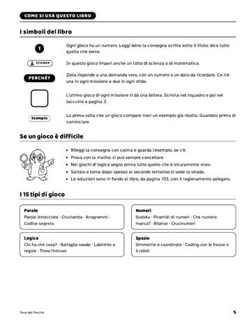 Pagina 5 del libro Giochi di logica per giovani scienziati: I simboli e i 15 tipi di gioco. Come si legge una pagina e che cosa fare se un gioco è difficile.