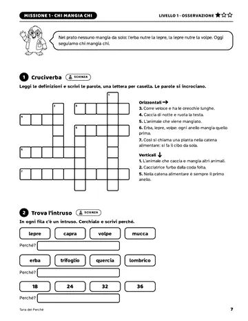 Pagina 7 del libro Giochi di logica per giovani scienziati: Missione «Chi mangia chi». Cruciverba sulla catena alimentare e Trova l'intruso.