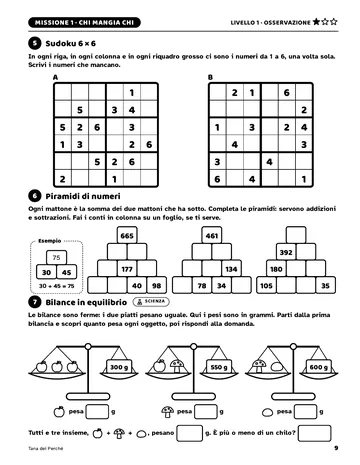 Pagina 9 del libro Giochi di logica per giovani scienziati: Sudoku, piramidi e bilance. Sudoku 6×6, piramidi di numeri e bilance in equilibrio.