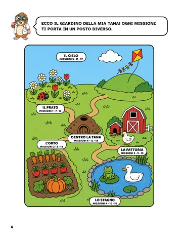 Pagina 6 del libro Primi giochi di logica per piccoli scienziati: Il giardino di Zolla. La mappa delle 18 missioni: prato, orto, fattoria, stagno, cielo e tana.