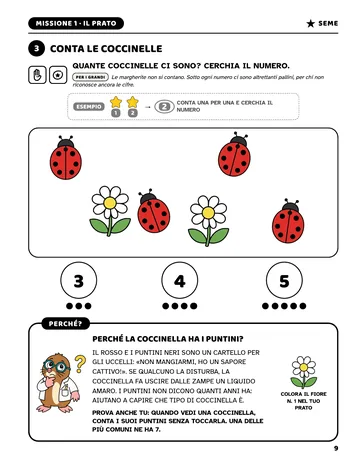 Pagina 9 del libro Primi giochi di logica per piccoli scienziati: Conta le coccinelle. Con il riquadro «Perché la coccinella ha i puntini?».