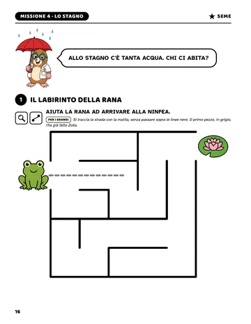 Pagina 16 del libro Primi giochi di logica per piccoli scienziati: Il labirinto della rana. Il primo pezzo di strada, in grigio, l'ha già fatto Zolla.